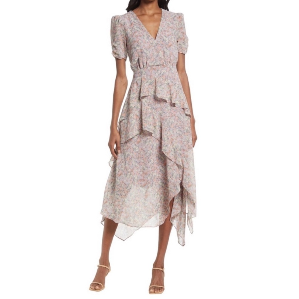 FLORET STUDIOS Tiered Ruffle Midi Dress in Lavender Multi Medium - Picture 1 of 11